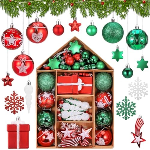 Hejo 70 Pièces Boule de Noel, Réutilisable Decoration Noel Sapin, Rouge Vert & Blanc Ornement Sapin de Noel, Kit Decoration Sapin Noel pour Arbre de Noël, Maison, Décoration de Maison(3cm-11cm)