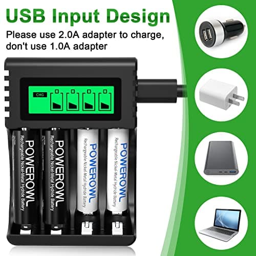 POWEROWL 4 Slots Chargeur Piles Rechargeable Charge Rapide pour AA AAA Rechargeable avec Port USB