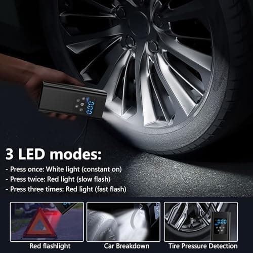 150PSI Gonfleur Pneus Voiture, 6000mAh Compresseur à Air Portatif avec 4 Accessoires Buccaux et Lumière LED pour Voiture Moto Bicyclette Boule