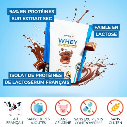 NUTRI & CO Whey Isolate Native - Jusqu’à 94% de Protéines - Pur Lait Français Low Lactose Digestion Facile - Riche en BCAA - Prise de Masse & Musculation - 1kg 33 portions goût Chocolat