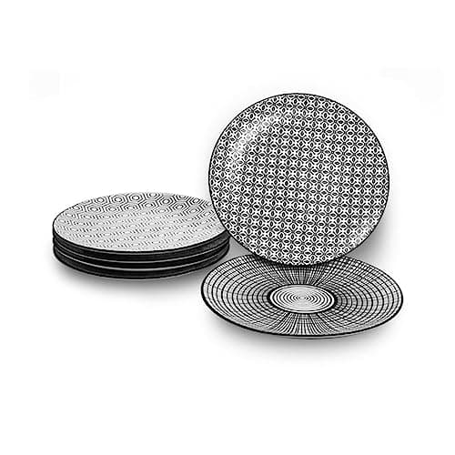 Ard'time - Lot de 6 Petites Assiettes Noires et Blanches, Vaisselle avec Motifs, Assiettes en Porcelaine, Assiettes Adaptées au Lave-vaisselle et Micro-onde, Collection KOMAE