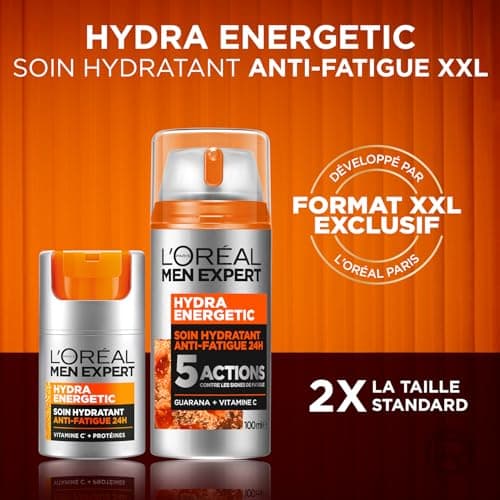 L'Oréal Men Expert - Soin Hydratant Anti-Fatigue 24H XXL pour Homme - Hydrate & Illumine - Concentré en Vitamine C Pure 10% - Usage Quotidien - Hydra Energetic - 100 ml