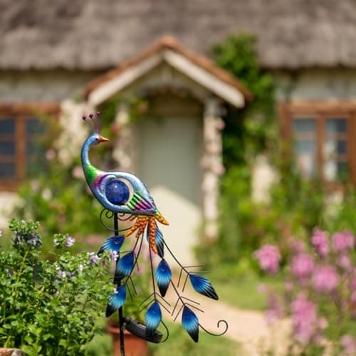 TERESA'S COLLECTIONS Lampe Solaire Exterieur Jardin,Decoration Jardin Exterieur, Statue Paon de Jardin en Métal 80cm, Éclairage Solaire à LED, Décoration de Jardin, Éclairage de Jardin, Cadeau Femme