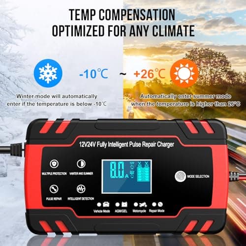 Husgw Chargeur de batterie 12V/24V 8A,chargeur intelligent doté de multiples fonctions de protection, de maintenance et de réparation automatiques,adapté aux voitures,camions,AGM,Gel et SLA (8-100 AH)