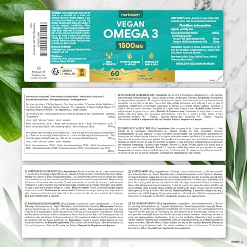 Omega 3 Vegan 1500 mg | Dérivé Huile d'Algues | Source de DHA et d'ALA | 60 Gélules Végétaliennes | de Horbaach