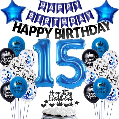 Ballon 15 ans anniversaire Bleu Noir,Ballons 15 ans anniversaire garçon,Bleu Noir 15 ans anniversaire garçon Déco fête,Decoration anniversaire 15 ans garçon fille,Bleu ballon 15 ans garçon