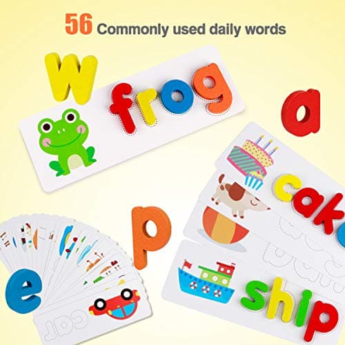 Coogam Voir Orthographe Jouet d'apprentissage en Bois ABC Alphabet Flash Cartes Correspondant Forme Lettre Jeux Montessori Préscolaire Tige Jouets Éducatifs Cadeau pour Tout-Petits Enfants