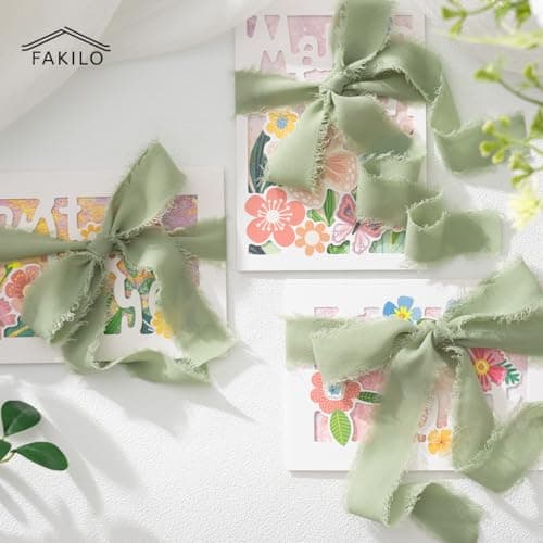 FAKILO Ruban en mousseline de soie à franges fait à la main 4 rouleaux de ruban vert clair de 2,5 cm x 5 m de ruban rose blush, 20 m de ruban en mousseline
