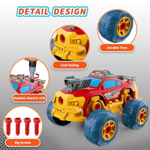 Pup Go Voiture 3-en-1 Démontable pour Garçons avec Perceuse Électrique, 46 Pièces Camion de Construction, Construisez Votre Voiture avec Outils, Idéal Cadeau STEM pour Enfants de 3 à 8 Ans (Rouge)