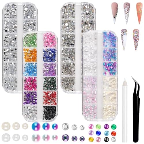 6800 Pièces Pierres Strass Ongles Mix Tailles Strass Ongle Nail Art Cristal AB Strass Gemmes Kit Strass à Dos Plat Nail Charmes avec Pincette Pick Up et Stylo Pointeur Strass pour DIY Nail Art