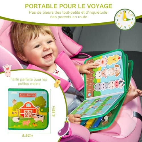 Quanquer Busy Board Française - Livre Occupé de Ferme Montessori pour 1 2 3 Ans Enfants - Planche d'Activités Jouet Éducatif Sensoriel Préscolaire -Jouets de Voyage pour Tout-Petits(Française Version)