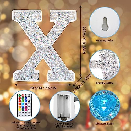Beality Lettres Lumineuses LED 18 Couleurs Changeantes 26 Lettres de l'alphabet Brillantes à Paillettes Cadeaux Pour Filles et Femmes Anniversaire Noël Chambre à Coucher Fête Décoration (X)