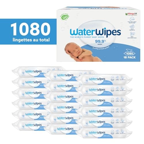 WaterWipes Lingettes Bébés Originales Exemptes De Plastique, 1080 Unités (18 Paquets), Lingettes à Base d'Eau à 99,9 %, Non Parfumées pour les Peaux Sensibles