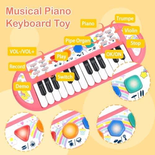 Clavier de Piano pour Enfants, Bestcool 24 Touches Multi-Fonctions Musique Clavier avec Lumière Enregistrement et Lecture Clavier électronique pour Enfants Jouet Educatif pour Anniversaire 3+ (Rose)