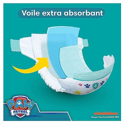 Pampers Baby-Dry, Taille 4, 222 Couches, 9-14kg, A La Rescousse Contre Les Fuites Grâce A Une Protection Intégrale Jusqu'à 12h, Edition Limitée avec La Pat’Patrouille, Pack 1 Mois