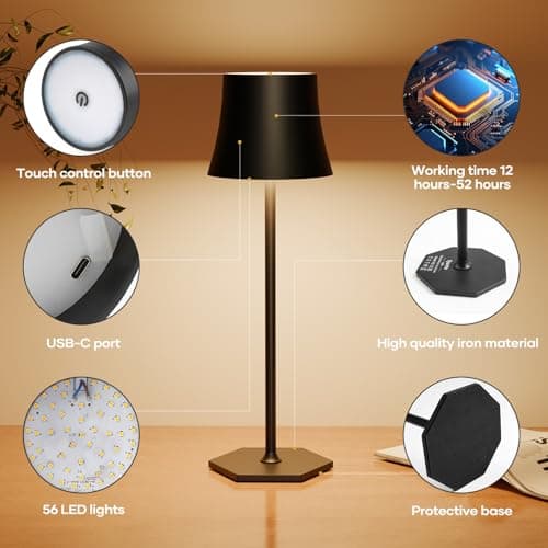 Tyonto Lampe Table LED Rechargeable Sans Fil,Réglage Tactile Batterie 5000mAh,Chargement USB,IP54 Étanche,Peut Poser Bureau,Chevet,Chambre,Extérieur (1 pièce, noir)
