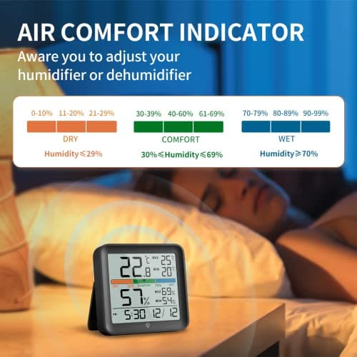 NOKLEAD thermometre interieur hygrometre-thermomètre digital maison avec Grand rétroéclairage tactile, Max/Min Horloge de Confort d'Air Moniteur humidimetre pour Serre Chambre de Bébé Chambre,Noir