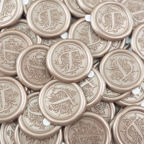 Zifospy cire cachet, Lot de 50 autocollants scellage en or champagne pour invitation de mariage, Noël, emballage de cadeaux, fête, idéal pour sceller les enveloppes(Letter T)