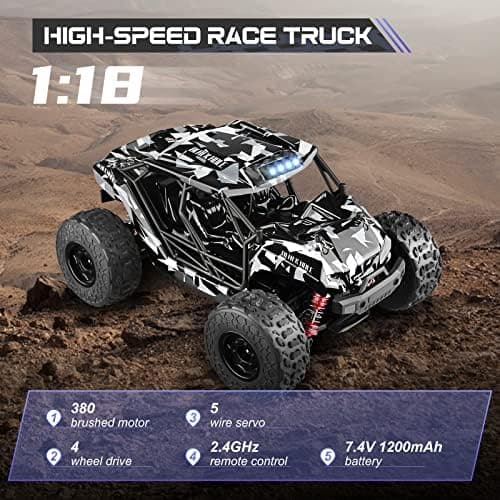 Lischwert Voiture télécommandée, 2,4 GHz 1:18 proportionnelle 4WD 50+ km/h Hobby Offroad Monster RC Truck, RC Crawler avec lumière LED, 2 Piles