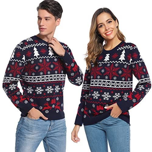 Litherday Pull de Noël Famille Unisexe Sweater Tricot à Col Rond avec Renne Flocon de Neige Arbre de Noël Imprimé Pull Manche Longue Hiver Sweat-Shirt,Noir Homme,M