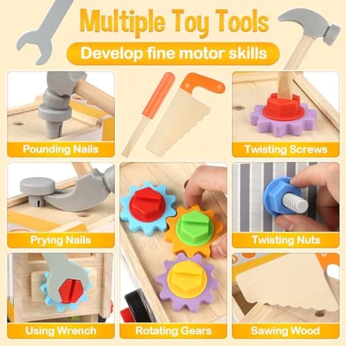DINORUN Outils Enfant Jouet en Bois, Boite a Outils Enfant, Montessori Jeux, 47 Pièces Jeux avec Boîte à Outils, Cadeau Garcon Fille 3 4 5 6 Ans