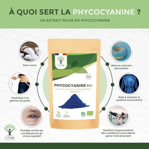 Spiruline Bleue Bio - Bioptimal - En Poudre - 30% Phycocyanine Blue 80% Protéines - Colorant Alimentaire Bleu Intense - Cuisine Recette - Contrôlé et Conditionné en France - Certifié Par Ecocert - 50g