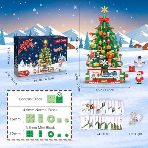 HOGOKIDS Calendrier de l'Avent 2024 Mini-arbre de Noël rotatif avec lumière LED, compte à rebours de Noël de 24 jours, blocs de construction, cadeau de Noël pour adultes et enfants de 8 ans et plus