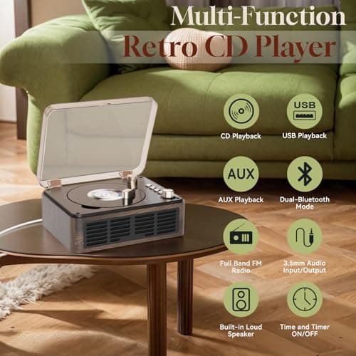 Gueray Lecteur CD Bluetooth avec Haut-parleurs et Radio FM Vintage Lecteur de CD Support USB & AUX Playback pour Livres Audio