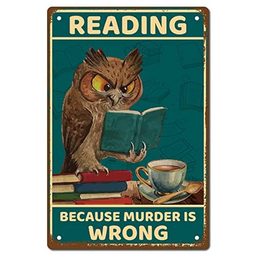 CREATCABIN Hibou Plaque Métal Lecture Parce Que Meurtre Est Faux Affiche Métal Vintage Rétro Art Mural à Suspendre Fer Peinture Plaque Animaux Drôles pour Maison Salle Bain Décoration Murale 20x30cm