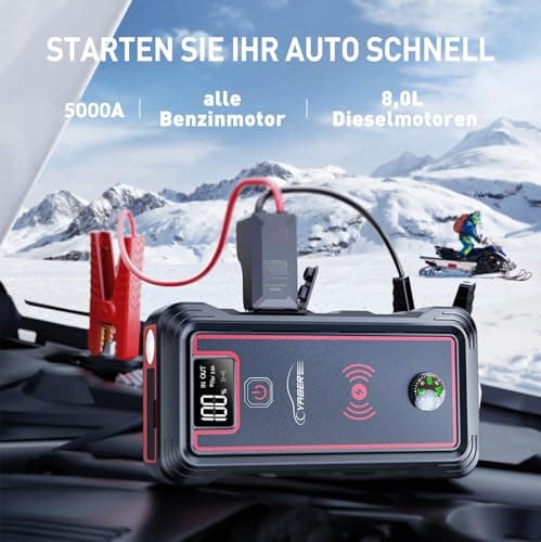 YABER Booster Batterie, 3500A 23800mAh Portable Jump Starter (Tout Gaz ou 8,0 L Diesel), Chargeur sans Fil avec Lamp LED, Écran LCD, Marteau de Sécurité, Boussole