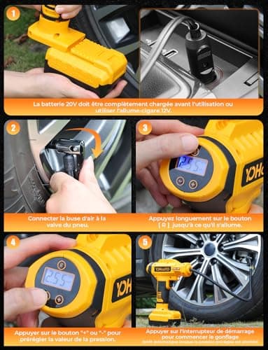 YOHOOLYO Compresseur à Air Portatif Compresseur Voiture 150PSI Gonfleur Pneus Voiture Arrête Automatique avec Ecran LCD Lumière LED Type-C Câble 4 Buses pour Voiture Moto Vélo Balle