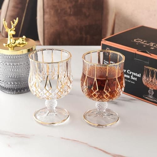 GLASKEY Lot de 2 Verres à Cognac en Cristal - décorés à la main avec de l'or 24K, Verres à Brandy à pied court pour Bourbon, Scotch, Tequila, Armagnac, Rhum, Bière, Liqueur - 21cl
