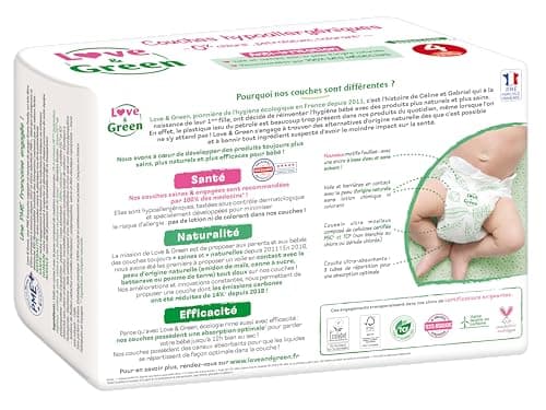 Love & Green - Couches Bébé Saines et Ecologiques - Taille 4 (7-14 Kg) - Pack 1 Mois (184 Couches) - Absorbante, anti-fuites et sans ingrédients indésirables