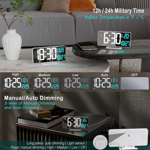 KOSUMOSU Horloges numériques LED pour Chambre à Coucher, 6,7 Pouces, réveil numérique, Fonction de Gradation, 12/24 Heures, Date, Jour de la Semaine, température, Horloge de Table, Horloge LED pour