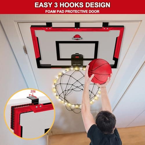 HYES 24" x 16" Panier de Basket Interieur pour Enfants, Panier de Basket avec Scoreboard et éclairage, Panier Basket Chambre avec 2 Ballons, Pompes, Jouet de Sport pour extérieur, Rouge