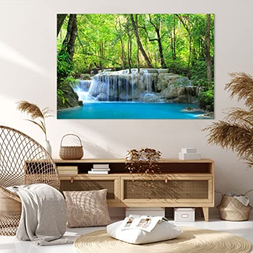 Deco Cadre Décoration Salon Cascade Forêt environnement Moderne Impression sur Toile 120x80cm Image Tableau Decoration Murale Chambre Horizontal Art Wall Tableaux Decoratifs Muraux AA120x80-2664