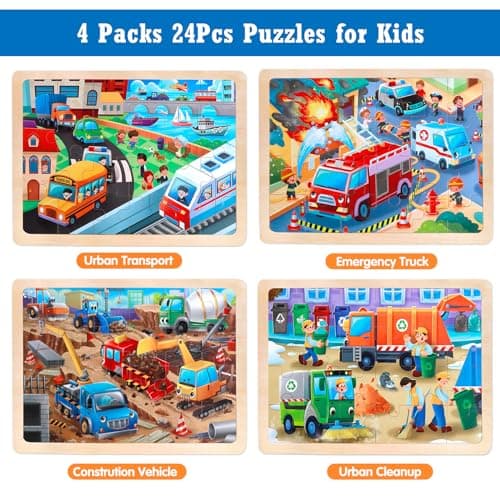 Puzzles en Bois Enfant 3 4 5 Ans, Lot de 4x24 Pièces Jouet Puzzle Jeux,Véhicules de Construction Camions Pompiers Transport Urbain Jeux Montessori Éducatif Jigsaw Puzzle Jouet pour Garçons Filles