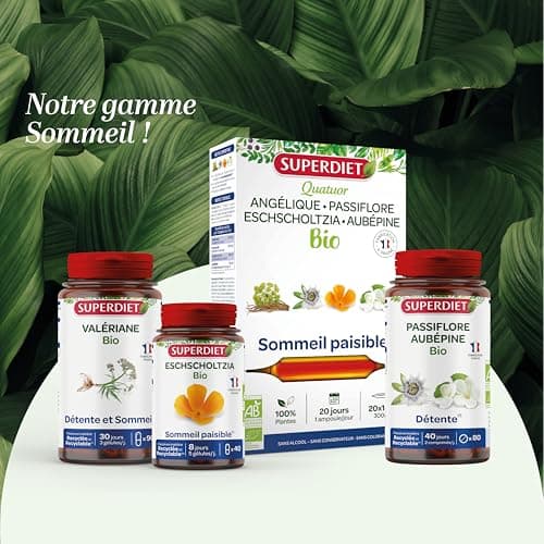 SuperDiet Quator Passiflore Aubépine Angélique Eschoscholzia 20 ampoules de 15ml soit 300ml - BIO