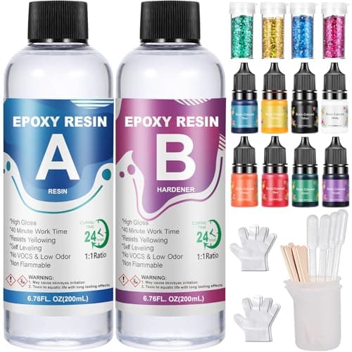 OFCIIN Resine Epoxy Transparente Kit 400ml, Kit Résine Epoxy Avec Colorant, Paillette, 1: 1 Ratio Revêtement en Résine Coulée Cristalline, Pour Bois, Fabrication de Bijoux, Décoration Artisanale