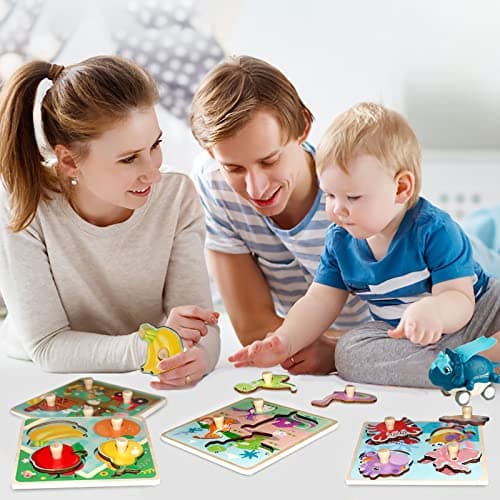 Funsland Puzzle Bois Bebe, 4 Pièces Puzzle en Bois Enfant À Puzzle Encastrement de Animaux, Fruits, Animaux Marins, Jouet Éducatif, Montessori Jouets Cadeaux pour Bebe 1 2 3 an