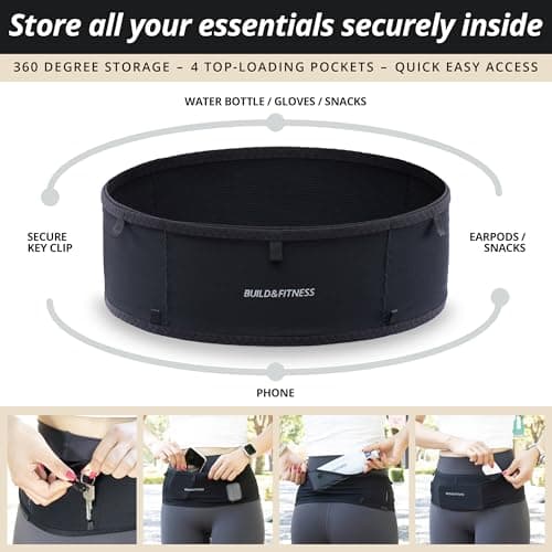 Build & Fitness LiteBelt Ceinture de Course – 4 Poches à accès Rapide sur Le Dessus – Super légère, Fine, Support de téléphone de Course – Convient à Toutes Les Tailles de téléphon S