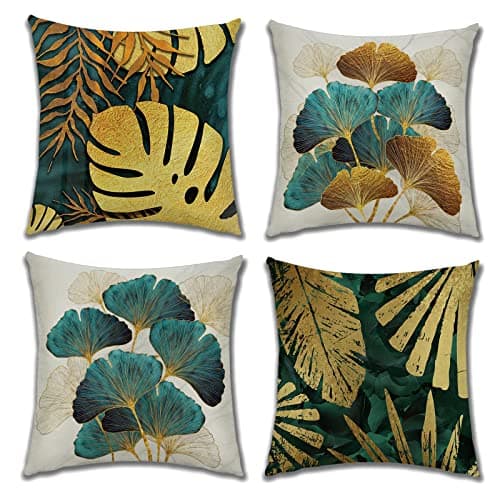 OCEUMACO Housse de Coussin 40x40 Ginkgo Feuilles Dorées Tropical Décoratif Housses Coussins pour Canapé Chaise Salon Lot de 4 Jungle Doré Bleu Canard Taie d'oreiller en Lin Scandinave - Or