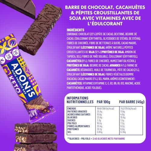 Barres Adonis Keto Riches en Protéines aux Double Chocolat (16 Barres de 45g) | Végétalien et Keto l 100% Naturel l Sans Sucre, Sans Lactose Faible, Keto Snacks