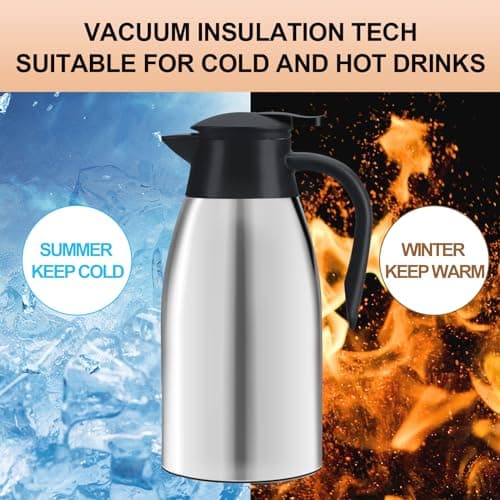 Pichet Isotherme 2L Thermos café 304 Acier Inoxydable Double-Wall Vacuum Isolé thermos 2L avec Poignée et Bec Café Pot Thermos pour Eau Chaud au Bureau Hôtel et Restaurant (argent)