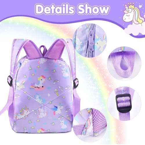 FGen Sac à dos licorne pour fille - Sac à dos mignon pour enfant - Avec poches latérales et sangle de poitrine - Sac d'école pour maternelle de 3 à 7 ans, a, M
