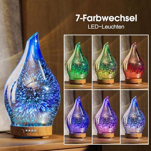 Porseme Aroma Diffuser Luftbefeuchter 100ml,Handgeblasen 3D Luftbefeuchter Ultraschall Leise 7 farbwechselnde LEDs Raumbefeuchter BPA Frei für Wohnung Yoga Spa mit Timer (Silver)