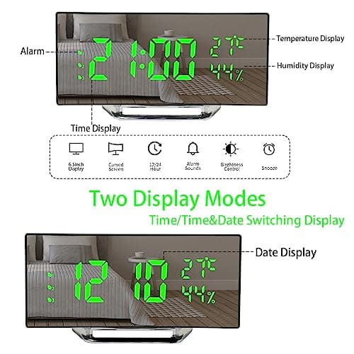 Derkiewn Réveil numérique, Grand écran LED de 6,5 Pouces, réveil de Chevet avec température et humidité, Horloge Miroir avec 3 réveils, luminosité réglable, Sieste, Alimentato USB (Vert)