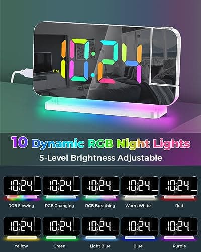 SZELAM Réveil à projection, 18,7 cm, horloge numérique LED, grand écran, avec projecteur rotatif à 180°, veilleuse RVB, port USB C, horloge de bureau moderne pour décoration de chambre à coucher –