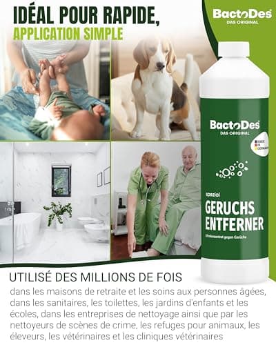BactoDes - Desodorisant Maison 1L concentré avec Vaporisateur mélangeur - Nettoyant enzymatique Universel avec Action microbienne Bio - Élimination Efficace de Toutes Les Odeur Maison