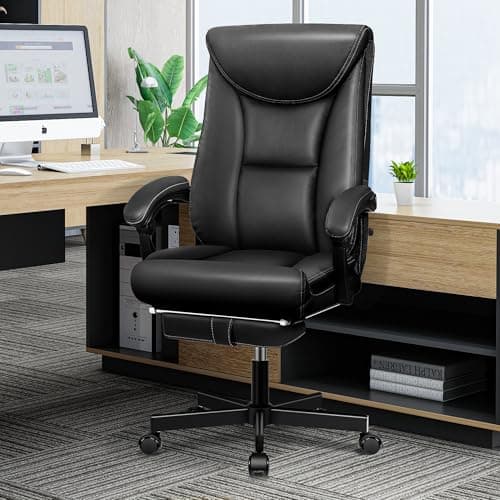DoChair Fauteuil de Direction Chaise de Bureau Large siège de Bureau Ergonomique Dossier Haut 150KG avec Repose-Pieds Office Chair en Cuir PU, Noir